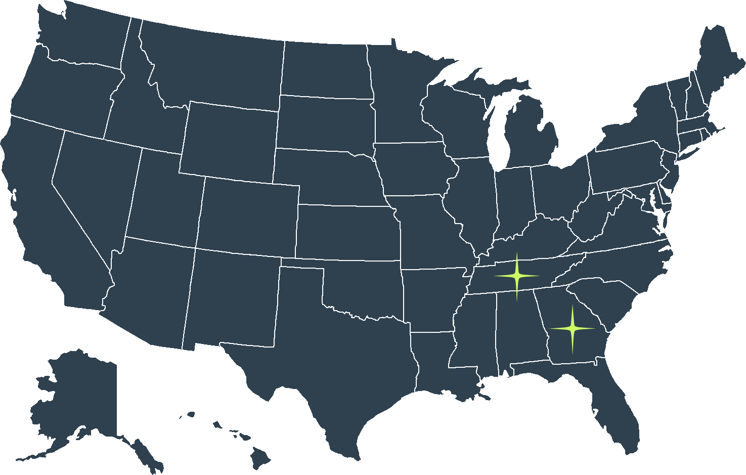 Map of United States of America with State of Georgia and State of Tenessee starred with PreSky Capital branding to indicate location of partner brands.
