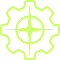 Icon of a gear with four-point star in the middle of a circle, repesenting 'Integrity Without Compromise'